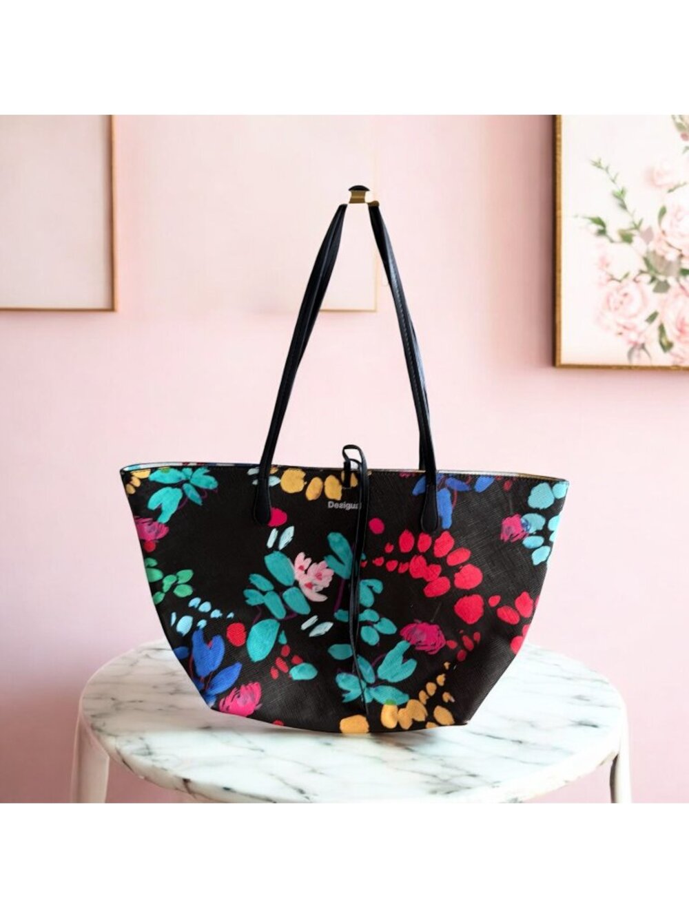 Desigual Black Tote with Multicolor Floral Print